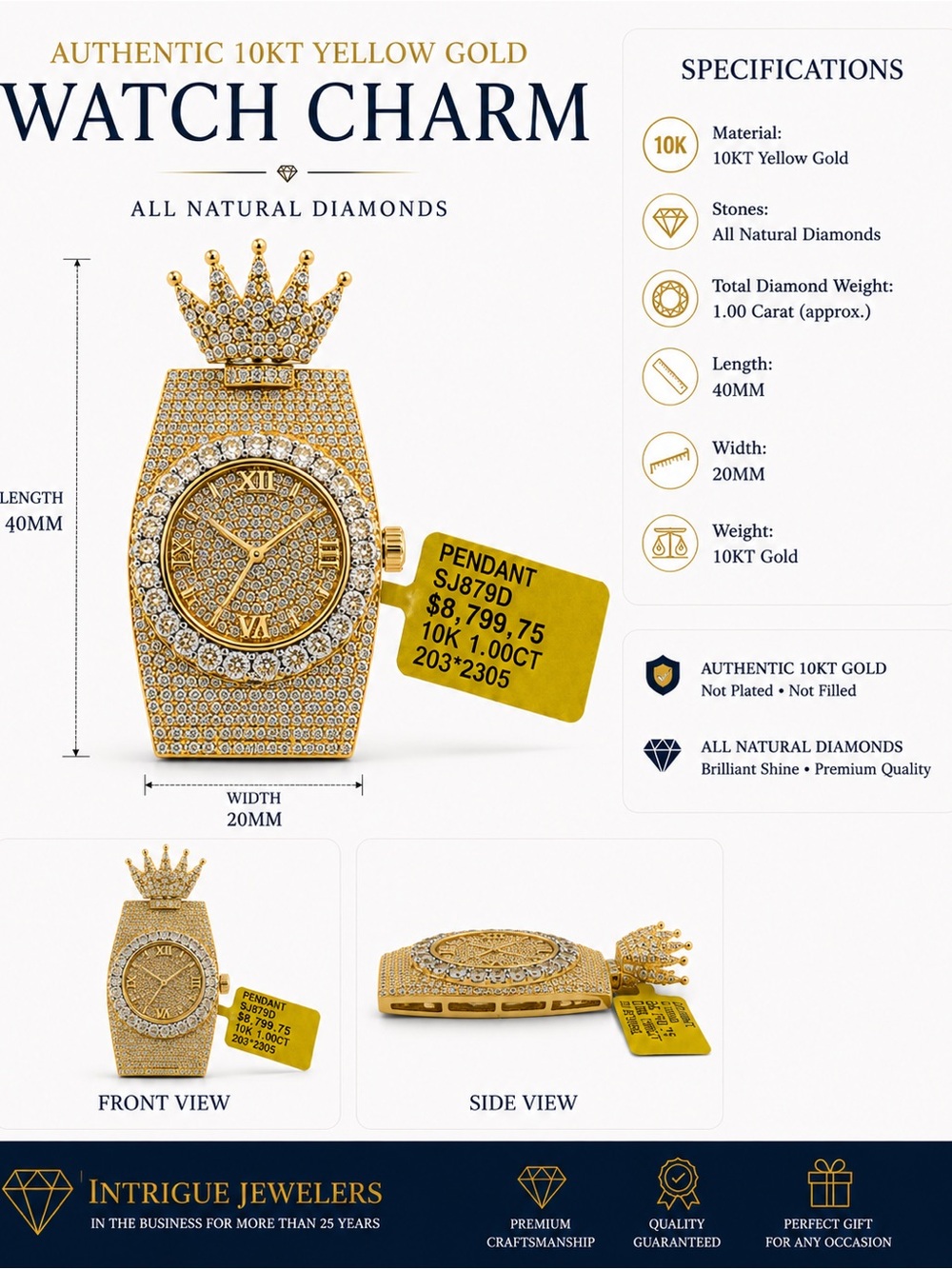 10KT Yellow Gold Watch Charm Pendant — Gold Crystal Crown Accent